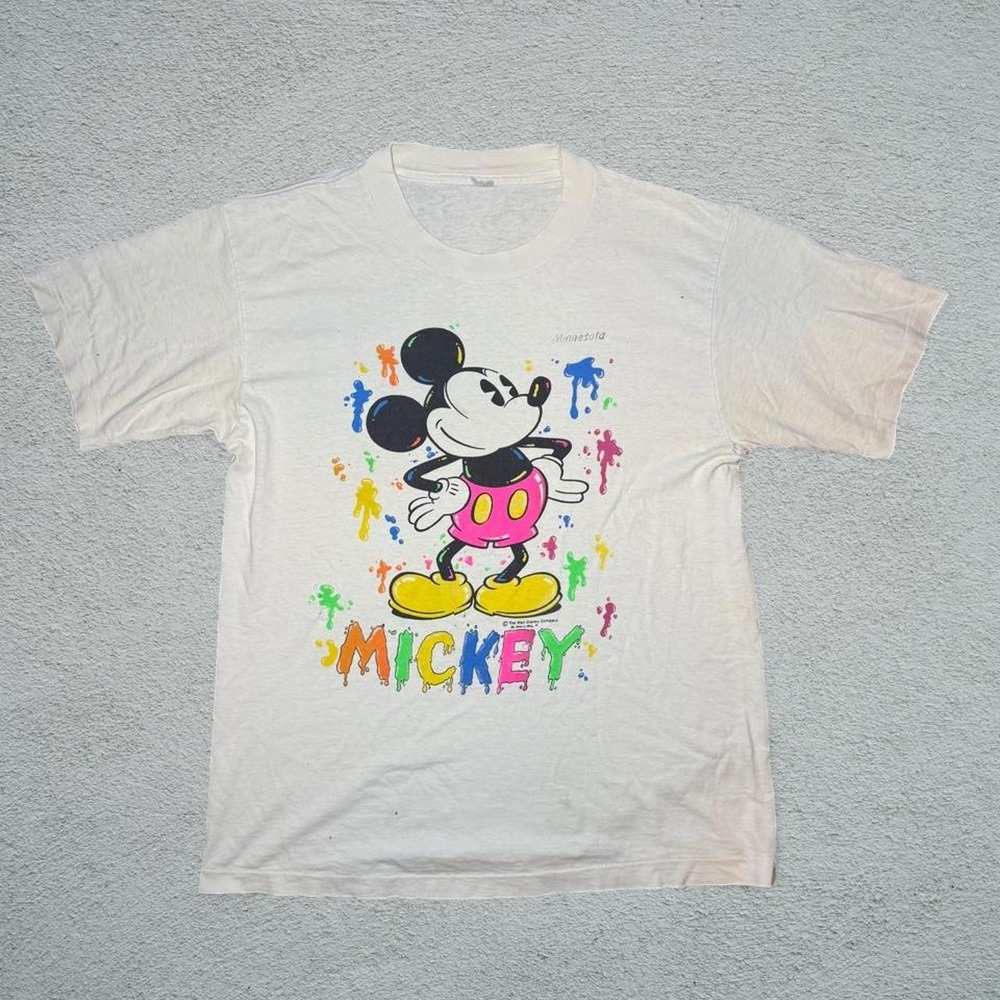 Vintage 90s Mickey Mouse Minnesota Neon Paint Drip T-Shirt Sherry Mfg White L